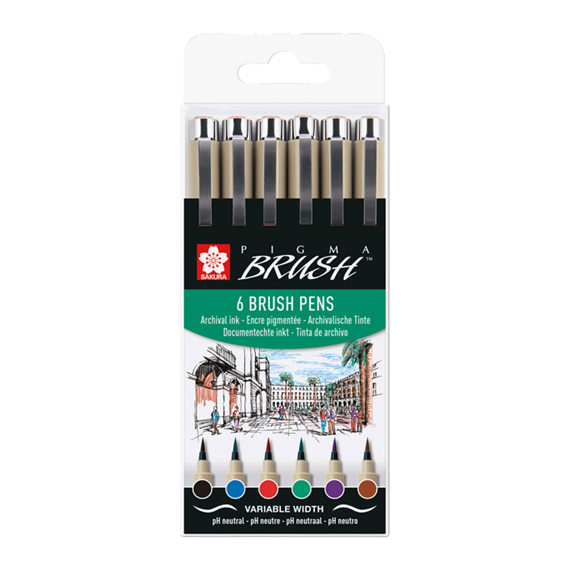 Pera se štětcovým hrotem Sakura Pigma Brush - sada 6ks